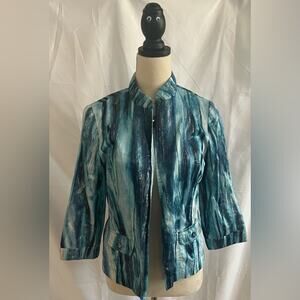 Chico's Metallic Blue White & Silver Splash 3/4 Length Sleeves Jacket Size 0